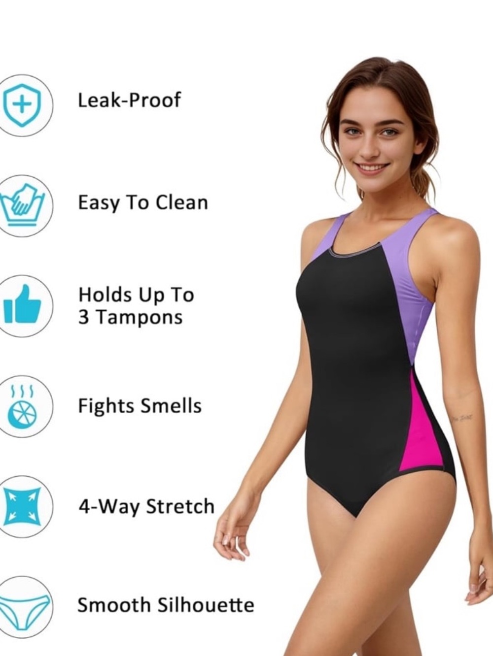 Beautikini Period Leakproof Swimwear One Piece Racerback Color Block NWT size S - Picture 4 of 9